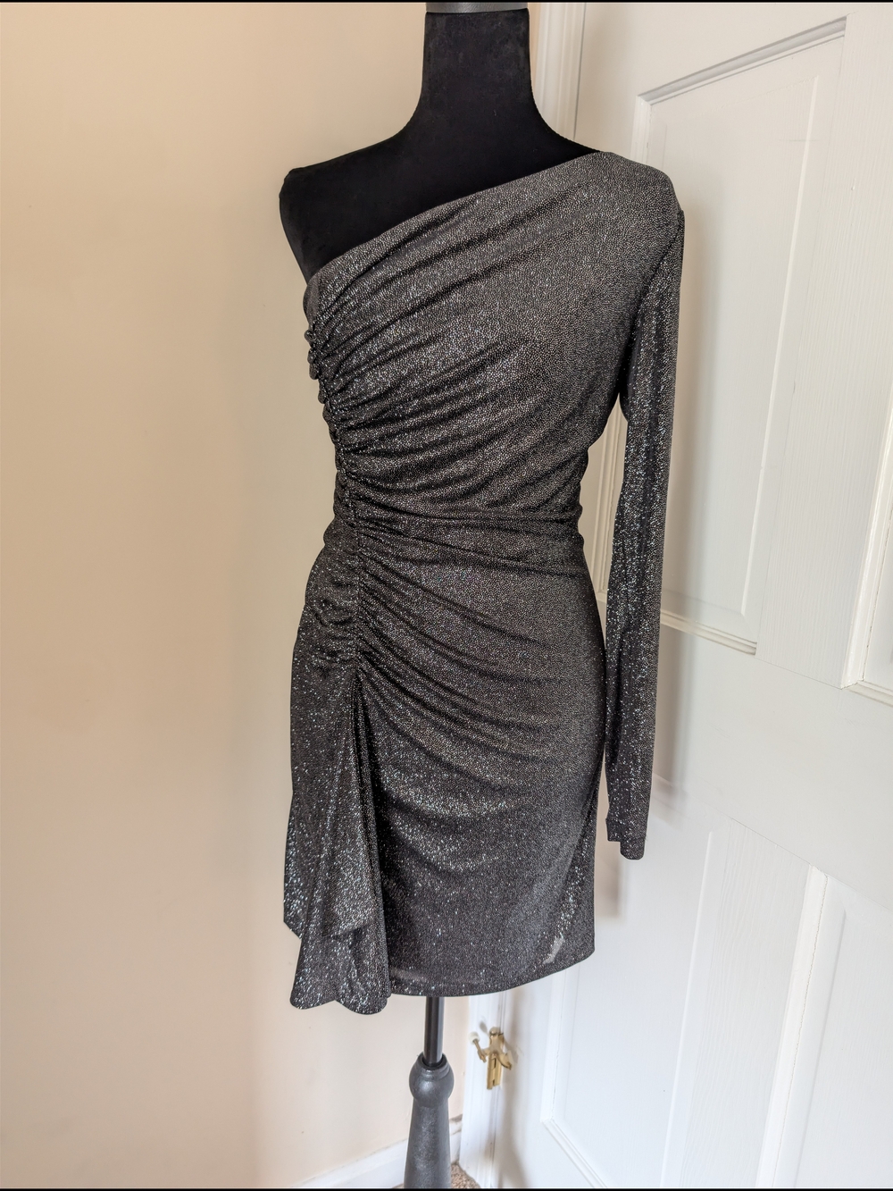 David Meister One Shoulder Metallic Ruched Cocktail Mini Dress - Size 6